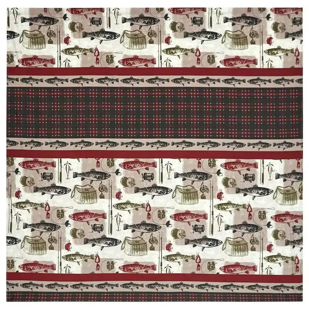Mossy Oak Shower Curtain Fish Design Tan Red Green Plaid Lake House Gift NEW